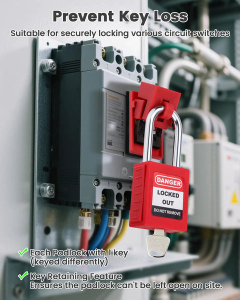 Installed lockout tagout kit for electrical safety with padlock and breaker lock, OSHA compliant for safe maintenance.