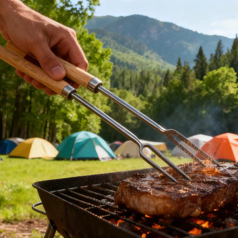 Person using stainless steel BBQ forks for grilling steak at a campsite with tents in background, showcasing heat resistant handle.