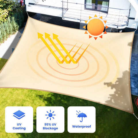 Heavy Duty Permeable Sun Shade Sail 10x12 Feet Blocks 95 Percent Sun Rays UV And Drizzle Breathable PU Coated HDPE Backyard Shade installed in garden
