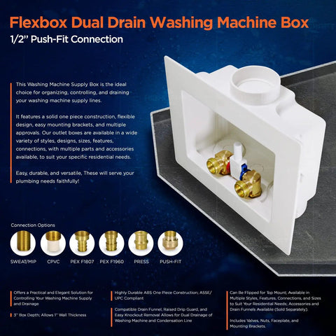 Flexbox Dual Drain Washing Machine Box with 1/2" Push-Fit Valves on display with connection options and box features.