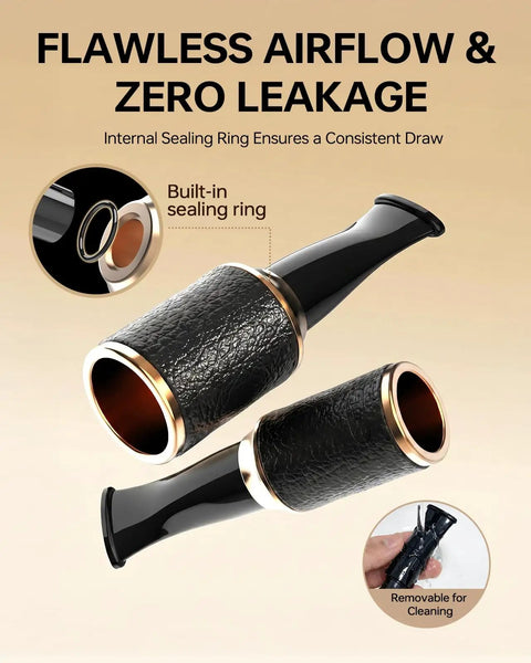 Lux Calfskin Cigar Holder And Mouthpiece Set With Leakproof Seal Ring, showcasing leather texture and gold accents, hand detail shown