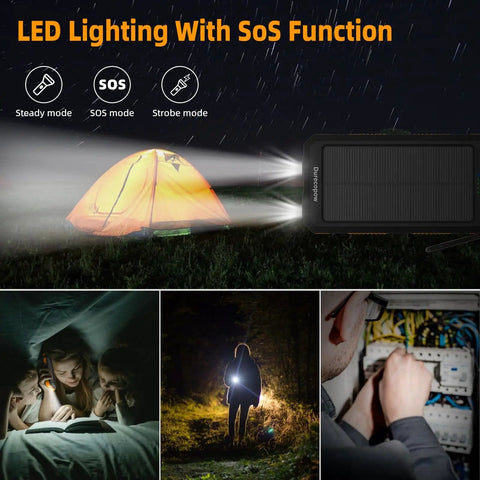 Solar Power Bank 20,000mAh Portable Charger On The Go LED lighting near tent, highlighting outdoor night use.