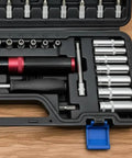 51-Piece Ratchet Socket Set Steel With Adjustable Tension Wrench Kit open case view, sockets, and wrench on wooden surface
