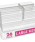 Big 26 Pack Drawer Organizer Bins In Clear Plastic, 5 Size Set For Utensils, Kitchen Tools, Makeup, Office And Bathroom Storage, Super Handy, Fully Versatile, Stackable, And Easy To Clean shown stacked on a display box labeled 'Large Size.'
