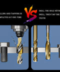 Dual-action HSS drill and tap bit in use, showcasing quick drilling and tapping in mounting holes, rust-resistant, sharp.