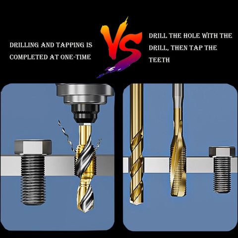 Dual-action HSS drill and tap bit in use, showcasing quick drilling and tapping in mounting holes, rust-resistant, sharp.