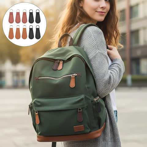 Woman wearing backpack with 10 Pack PU Leather Zipper Pulls Set Detachable Decorative Zipper Tabs For Luggage Backpacks Suitcases Jackets