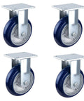Heavy Duty Four Pack Of Eight Inch Polyurethane Swivel Caster Wheels Featuring Built Like A Tank Durability Smooth Silent Rolling Brake And Rock Solid Cast Iron Hub For Garden Carts displayed in a grid with blue wheels and metal bases.