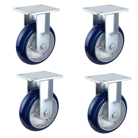 Heavy Duty Four Pack Of Eight Inch Polyurethane Swivel Caster Wheels Featuring Built Like A Tank Durability, blue wheel design.