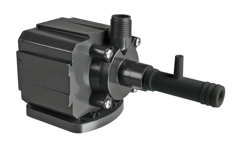 Recirculating water pump with venturi, 250 GPH, gray plastic housing on mounting base.