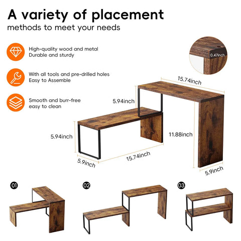 Kitchen Countertop Organizer And Spice Rack For Pantry And Coffee Station Space Saver Stackable Cabinet Shelves Rustic Wood Brown Finish No Fuss Easy To Assemble with dimensions and assembly details