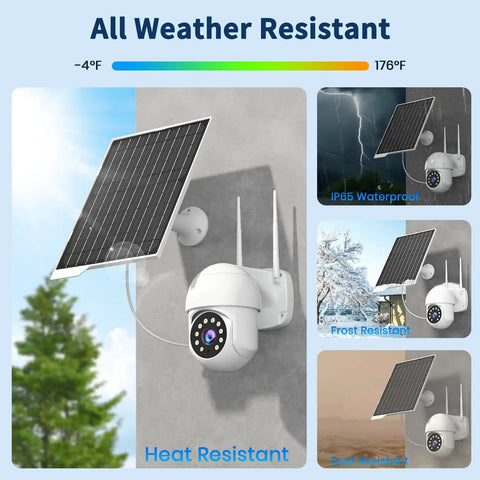 Two Pack 9W Solar Panels IP65 Waterproof Charger Kit depicting solar panel with camera adaptable to diverse weather conditions
