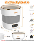 Game Changing Portable Washing Machine That Doubles As A Folding Mini Washer With Fast Spin Dryer And 20 Liters For Delicates Socks And Workout Gear Clean On The Go Without The Drama Featuring Blue Light Tech in a compact design showing size dimensions.