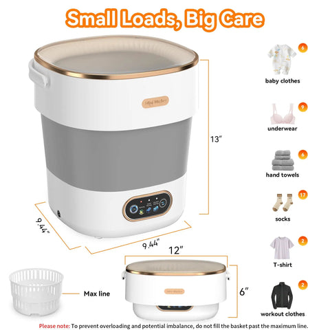 Game Changing Portable Washing Machine That Doubles As A Folding Mini Washer With Fast Spin Dryer And 20 Liters For Delicates Socks And Workout Gear Clean On The Go Without The Drama Featuring Blue Light Tech in a compact design showing size dimensions.