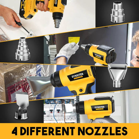 Cordless 20V Heat Gun With 350W Power, LED Light, four nozzles for crafts, shrink wrap on display, a DIY tool for quick fixes