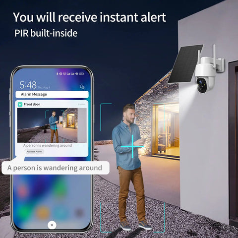 Solar Powered Wireless Outdoor Security Camera With 2K Resolution, PTZ 360 Degree Coverage, Motion Detection, Spotlight Night Vision, Two Way Audio, WiFi, Cloud Or SD Card Storage, AI Analysis