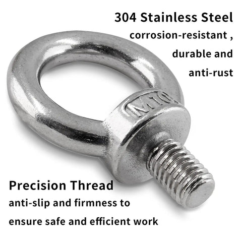 Hella Solid M10 Lifting Eye Bolts, 304 Stainless Steel Six Pack, close-up of threaded eye bolt for heavy equipment use.