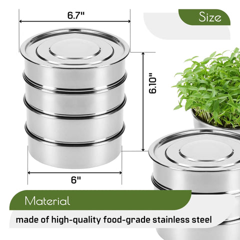 Stainless Steel 4 Tier Seed Sprouting Kit With Lid, 6 Inch Diameter, three mesh trays, and growing microgreens