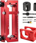 No Sweat Door Hinge Jig And Lock Installation Kit, Rock Solid Aluminum Router Template, red adjustable guide for 2.5 to 5 inch hinges.