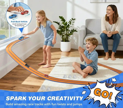 Children playing with Two Track Flexible Race Track Set For Kids With 15 Ft Of Buildable Track Includes 2 Toy Cars And 3 Suction Cup Ramps
