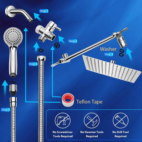Assembly steps for High Pressure Rainfall Shower Head Set With Adjustable Extension Arm And Handheld, 8 Inch Square Rain Head