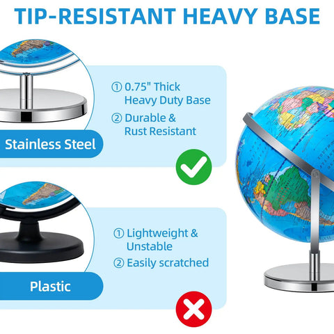 13 Inch Globe With Stainless Steel Stand 720 Degree Rotation Waterproof HD Text Classroom Workhorse Globe comparison of stainless and plastic base