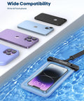 IPX8 Waterproof Phone Pouch Case 2 Pack with Easy Lock holds phone in water next to various iPhone models, showing compatibility.