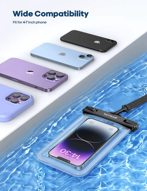IPX8 Waterproof Phone Pouch Case 2 Pack with Easy Lock holds phone in water next to various iPhone models, showing compatibility.