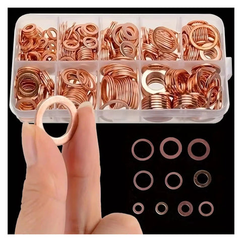 All In One Copper Flat Washer Set Kit With Nine Metric Sizes M5 To M14 100 Or 200 Pieces Durable Sealing Washers For Hardware Plumbing DIY Projects Heavy Duty Copper Washers For Tight Fits, sorted in storage box