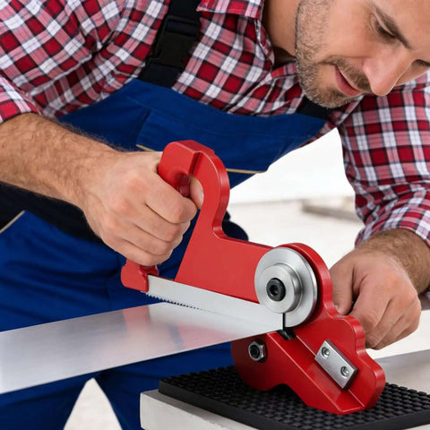 Man using Portable Dual Wheel Slitter For Metal And Vinyl Sheets Hand Pull Cutter Delivers No-Burr Clean Cuts On Steel Aluminum Plastic And Cardboard