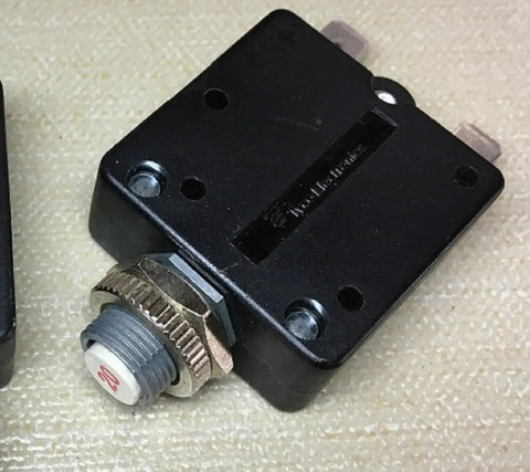 Heavy Duty Thermal Circuit Breaker 20 Amp 250VAC Push Reset Switch for Shop and Auto Rigs, black plastic with manual reset switch.