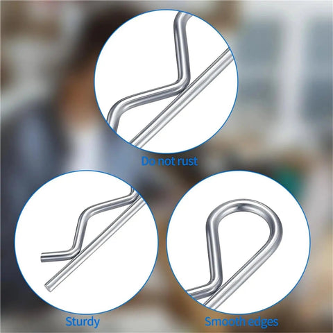 Close-up of R Clip Cotter Pins Set, Stainless Steel Assortment Kit showing smooth edges, sturdy design, and rustproof material.