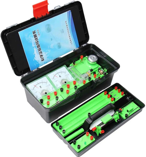 Hands On Physics Lab Kit For Electricity And Electromagnetism With Banana Plug System Complete Set For 30 Plus Experiments Ohm Law Motors Manual And Storage Bag For High School Students, open case with meters and components