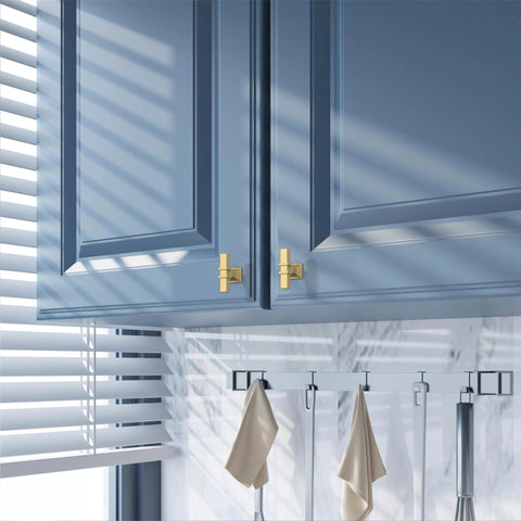 Brushed gold cabinet knobs on blue kitchen cabinets, 10 Pack Brushed Gold Cabinet Knobs 1.46 Inch 37mm Single Hole Rectangle Drawer Pulls for Cabinets Dressers Bathrooms Easy To Install with 120 Days After Sales Guarantee ZH0067