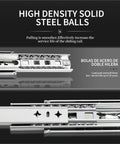 Close-up of Heavy Duty Full Extension Drawer Slides featuring high density steel ball bearings for smooth operation.