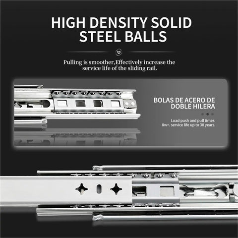 Close-up of Heavy Duty Full Extension Drawer Slides featuring high density steel ball bearings for smooth operation.