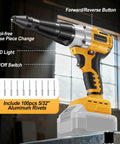 Image of Camxtool Brushless Cordless Pop Rivet Gun compatible with Dewalt 20V Max battery, LED light, and 100pcs 5/32" aluminum rivets.