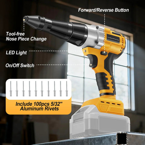 Image of Camxtool Brushless Cordless Pop Rivet Gun compatible with Dewalt 20V Max battery, LED light, and 100pcs 5/32" aluminum rivets.