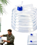 Foldable Water Jug With Spigot For Camping And Travel, 2.6 gallon collapsible container with handle and man using it outdoors