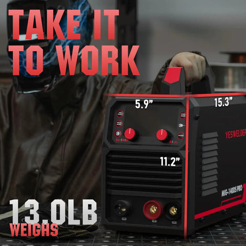Hot Shot 140A Multi Process Welder For Pros: 110V 220V Gasless Flux Mig Lift Tig Stick dimensions with controls