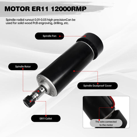 Beefy 500W Spindle Motor For CNC Router, Air Cooled ER11, 12-100VDC, 0.5NM Torque, 12000RPM, 52mm Shaft, labeled parts diagram