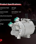 Heavy Duty AC Compressor With Clutch For Hyundai Elantra 2017 To 2020 showing specifications like VS14E style and 12 volt.