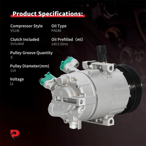 Heavy Duty AC Compressor With Clutch For Hyundai Elantra 2017 To 2020 showing specifications like VS14E style and 12 volt.
