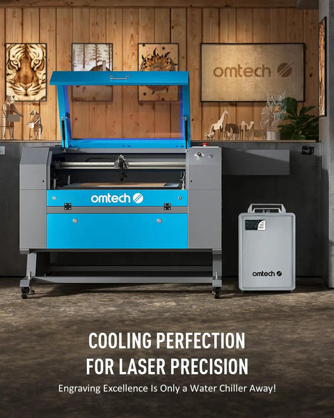 Heavy Duty Compact Six Liter Water Chiller For Laser Engraving Machines With Slick Three Point Two GPM Flow Rate And Killer Cooling Performance To Keep Your Setup Running Smooth All Day Long next to laser engraving machine.