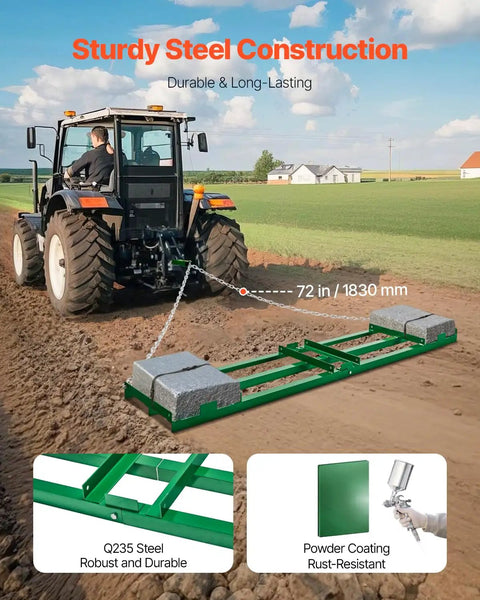 Heavy Duty Tow Behind Drag Harrow For ATV UTV Tractor And Lawn Care, 8 Ft Wide, grading field with rust-resistant iron, 72 inch chain
