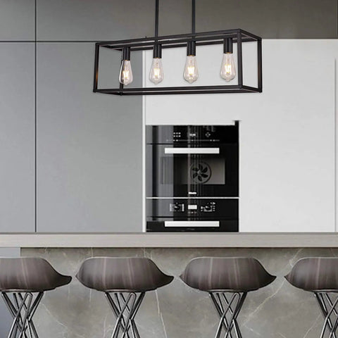 Black Four Light Kitchen Island Pendant Chandelier Fixture above modern kitchen island with barstools.