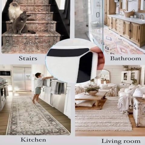 12 Pack Double Sided Rug Tape For Hardwood Floors And Tiles Reusable Non Slip Rug Pads shown in stairs, bathroom, kitchen, living room