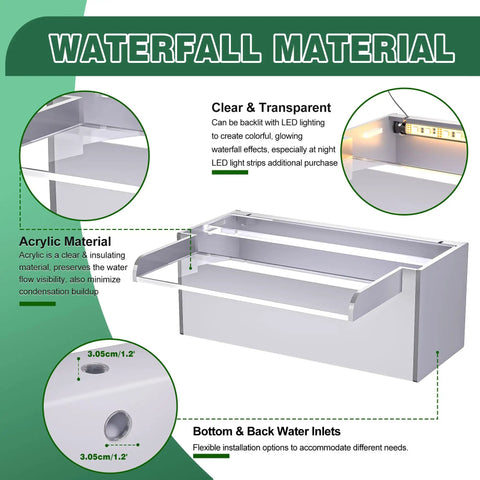 Transparent Acrylic Pool Waterfall Spillway For Garden Patio And Koi Ponds, 23.6 Inch Outdoor Water Feature shown with LED setup