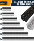 Different sizes and colors of piano hinges, including 36 Inch Silver Heavy Duty Piano Hinge Continuous Stainless Steel 304 Two Pack.