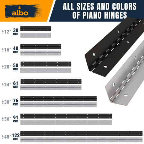 Different sizes and colors of piano hinges, including 36 Inch Silver Heavy Duty Piano Hinge Continuous Stainless Steel 304 Two Pack.